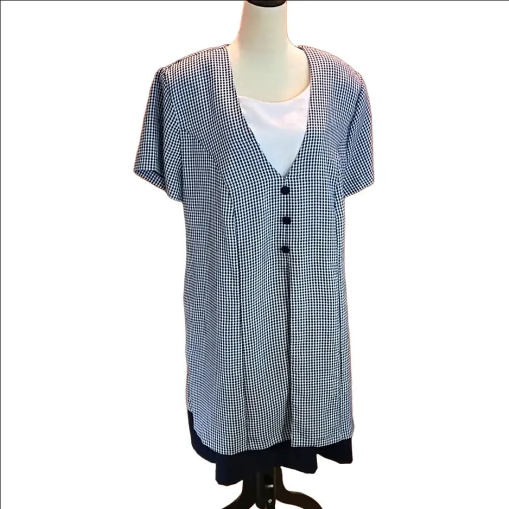 VTG Studio C II Layered Dress Midnight Blue & White Tiny Checked Pattern Wmn 2X